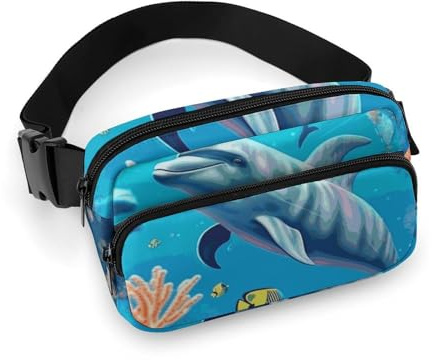 Bauchtasche für Damen und Herren, Gürteltasche mit verstellbarem Riemen, zweifarbige Papageien, Hüfttasche für den Alltag, Meeresboden Korallenfisch Delfine, 20x13cm