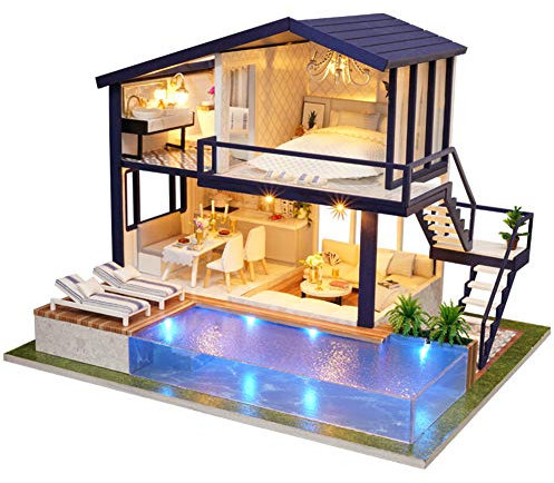 DIY Miniatur Holzvilla with Pool, Assembly of Doll House Model Kits, DIY House Set for Children and Adults