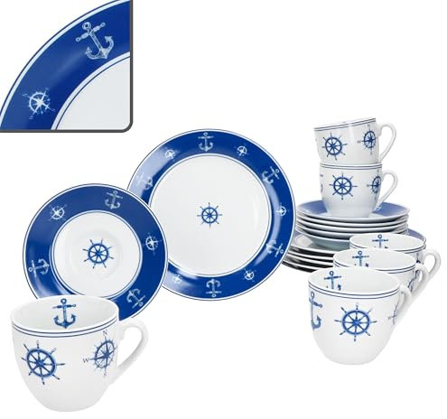 MamboCat AHOI Service à café 18 pièces I Vaisselle en porcelaine bleue et blanche avec motifs nautiques Ancre & Co pour 6 personnes I 6 tasses de 200 ml, soucoupes et assiettes pour petit déjeuner et