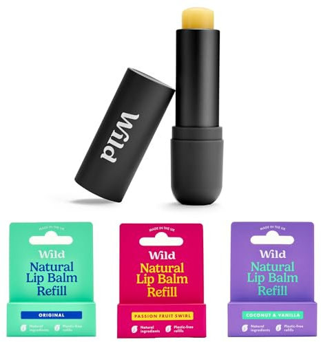 Wild Natural Refillable Lip Balm Starter Kit - Includes Black Aluminium Case & 3 Pack Lip Balm Refills in a Variety of Scents - Includes Passionfruit Swirl, Original and Coconut & Vanilla Scents