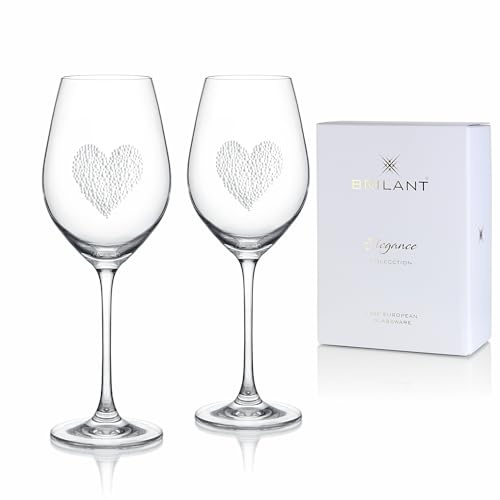 Brilant Lenox Weißweingläser - Herzgravur mit polierten Glaskugeln, Weingläser für Hochzeit und Jubiläum, Moderne Trinkgläser Set mit Geschenkverpackung, Handgefertigt in der EU - 2er Set, 360 ml