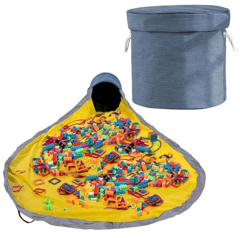 WJUAN Spielzeugbox mit 150 cm Matte | Tragbare Aufbewahrung Ø32x28cm für Bausteine & Puppen