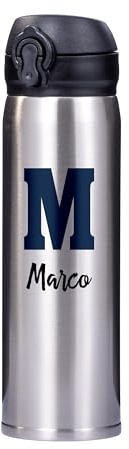 Botella personalizada de acero inoxidable con nombre e inicial. Mantiene la temperatura y cuenta con una tapa con cierre de seguridad. Disponible en color negro, blanco y plateado. (Botella plateada)