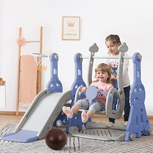 Tobogán Infantil con Columpio, 4 en 1 Tobogán Interior y Exterior Infantil Área de Juegos con Columpio Ajustable en Altura, Escalera, Cesta de Baloncesto, Carga Máx. 45 KG, Azul