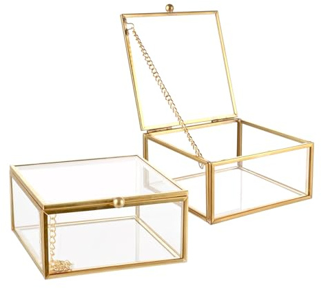 YAYODS 2 Stück Kleine Ringbox Glas - 10x10x5cm Ringschatulle Golden Quadratischer - Glas Schmuckkästen Schmuck Box Organizer - Klare Schmuckkästchen Dekorative Box für Trinkets Ohrringe Ringe