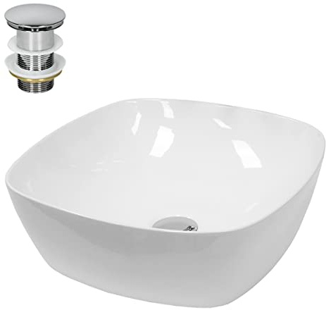 LuxeBath Waschbecken Keramik 405x405x140 mm rund Weiß mit Ablaufgarnitur Silber, Aufsatzwaschbecken für Badezimmer/Gäste-WC, Modernes Aufsatzbecken, Waschtisch Waschschale Waschplatz Handwaschbecken