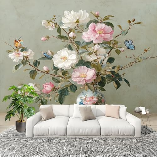 Fotomurale da Parete Fiori In Vaso Dipinti Decorazioni D'interni Pareti Camera De Letto Soggiorno 3D Carta Parati Verde Chiaro Tessuto Non Tessuto Murali Poster 300x210 cm