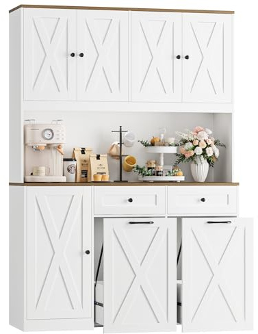 HOSTACK 71H Kitchen Trash Can Cabinet, 12.5 Gallon Double Pull Out Garbage Can Hutch Cabinet with Trash Bin Storage Holders, 47 Wide Kitchen Pantry with Hidden Garbage Storage for Dining Room, White