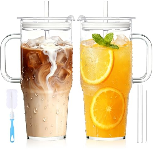 2Pack 40OZ Glass Tumbler with Handle,Glass Cup with Lid and Straw,Reusable Glass Iced Coffee Cup for Beer, Smoothies, Juice,Hot/Cold Drinks-Suitable for Birthday,Wedding,Christmas Gifts