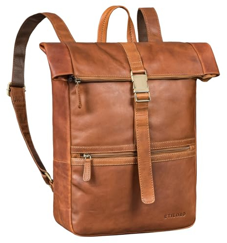 STILORD Cairo Vintage Kurierrucksack Rolltop Läder stor Herrar och Damer Lederrucksack ideal som kontorsryggsäck dagpack och cykelryggsäck laptopryggsäck 14-17,3 tum Farbe:Konjakbrun