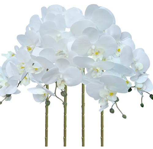 FagusHome 4 Pcs Artificial Phalaenopsis Flowers 32 Inch Artificial Orchid Flowers Fake Flowers Stem Plants for Home Décor (White)