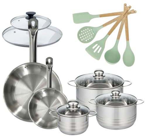 Fackelmann 9201150 Lot 2 Poêles 20/28cm inox sans PFAS et 3 Faitouts 16/20/24cm Etherna avec 5 ustensiles Ocean