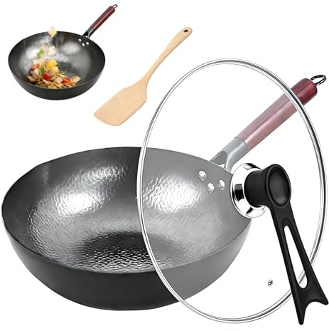 Teckzoon wok med lock 32 cm, inbränd wok av kolstål med akaciaträhandtag, utan beläggning, lämplig för alla typer av spisar