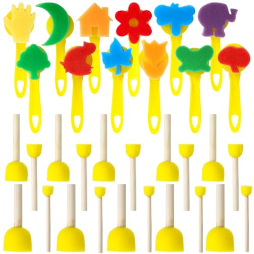 Schwammstupf Pinsel, 32 Stück, 4 Größen Runde und 12 Farbstempel | Schwammpinsel, Waschbare, zum Malen, für Malerei, Handwerk, Keramik, DIY