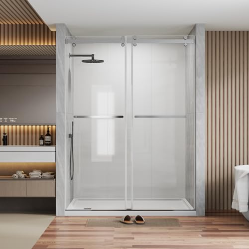 TOTOcean 50-54 in W x 76 in H Frameless Sliding Shower Door, 5/16 (8mm) Clear Tempered Glass with Explosion-Proof Film, Easy Sliding Shower Door, Stainless Steel Hardware, Chrome Finish