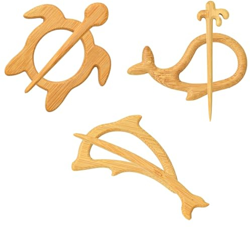 DanLingJewelry Lot de 3 broches en bois en forme d'animaux marins, tortues de mer, dauphins, pulls pour décoration de manteaux, écharpes, vêtements