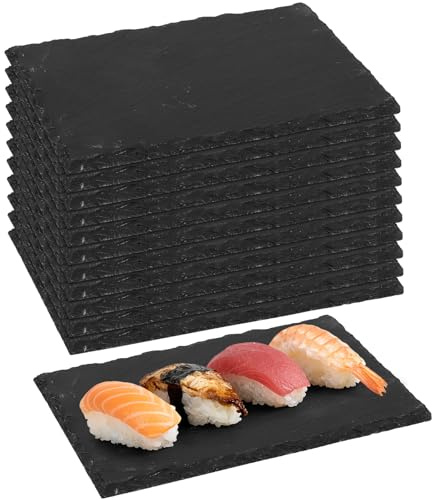 RWFMO 12 Pack Slate Serving Boards, 23 x 15 cm Natural Slate Stone Plate Tray, Rectangular Black Charcuterie Boards Stone Table Mat for Cheese Appetizers Meats Sushi