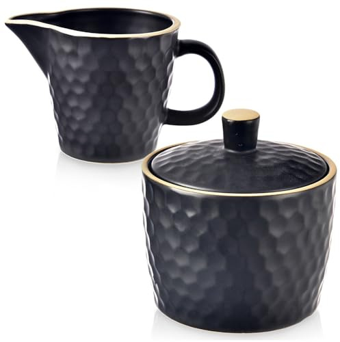 orion group Milch und Zucker Set Keramik Schwarz Zuckerdose 100 ml 320 ml | mit Deckel Milchgießer Milchkanne für Kaffee Sahne Zuckertopf für Würfelzucker oder Streuzucker Spülmaschinengeeignet