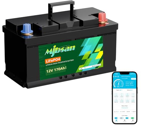Mjbsan Batería de litio LiFePO4 de 170 Ah, 12 V, 190 mm de altura, con Smart 150 A BMS, protección de baja temperatura, batería de litio de 2176 Wh de energía para autocaravanas, caravanas, acampadas