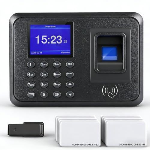 Reloj de Fichar Biométrico 3 en 1 – Control Horario con Huella Dactilar, Tarjeta RFID y Código PIN – Máquina de Asistencia para Pequeñas Empresas, Sin Internet, 10 Tarjetas Incluidas, Español