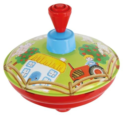 Lena 52412 Brummkreisel Bauernhof Ø 13 cm, Metall Schwungkreisel aus Blech, klassischer Pumpkreisel, Blechkreisel mit Tier Motiv, Kreisel mit Standspitze, Spielzeugkreisel für Kinder ab 18 Monate
