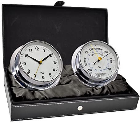 Master-Mariner First Light Collection, Nautical Cabin Gift Set, 5.75” Diameter Clock and Barometer Instruments, Chrome Finish, Classic White dial