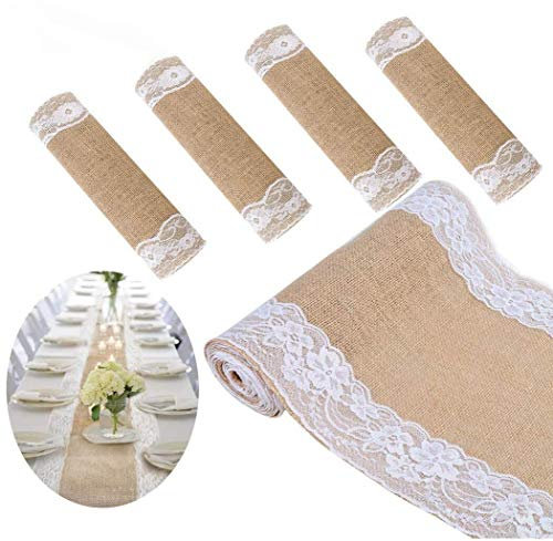 TINWARM Chemin de Table Toile de Jute et Dentelle pour Mariage Festival Fête Décorations 30 x 275CM (5PCS)