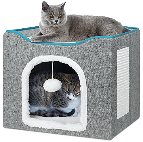 BRIAN & DANY Casa para Gatos Plegable y Lavable a Máquina, Cubo de Gato con Rascador para Gatos y Bola Mullida, 40 x 40 x 32 cm, Gris