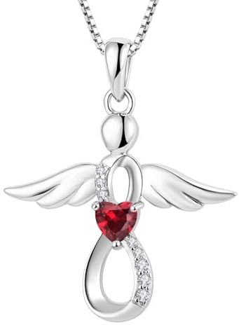 FJ Schutzengel Halskette Anhänger 925 Sterling Silber Infinity Unendlichkeit Kette mit Zirkonia Geburtsstein Engel Schmuck Geschenke für Frauen Mädchen