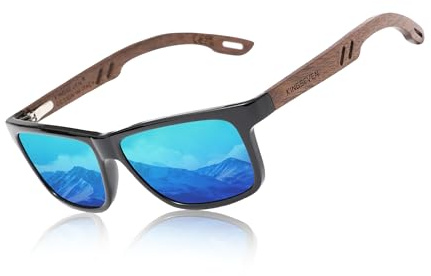 KINGSEVEN Design Holz Polarisierte Rechteckige Sonnenbrille für Herren, Walnuss-Holzrahmen Verspiegelte Brille zum Fahren W5508 (Blau)