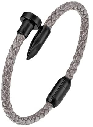 BIYONGDE Bracciale da uomo in pelle intrecciata con decorazione a chiodo in acciaio inox nero, sottile braccialetto in pelle per uomini e donne, stile minimalista e urbano unisex, Medium, Pelle,