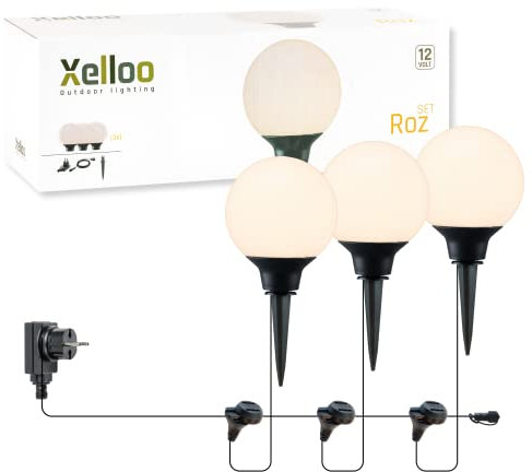 Xelloo® Gartenleuchten Set ROZ, 12 Volt, 3 Stück Designarmaturen 1W LED warmweiß mit Erdspieß, wasserdicht (IP44) und mit praktischem Schiebeanschluss