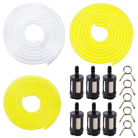 VooGenzek 9 Stück Benzinschlauch Kit, 1.5m Transparent Kraftstoffschlauch, Ölschlauch (2 x 3.5mm, 2.5 x 5mm, 3 x 5.5mm) + 6 Stück Filterelement, für Trimmer, Rasenmäher, PVC-Schlauch, Ölschlauch
