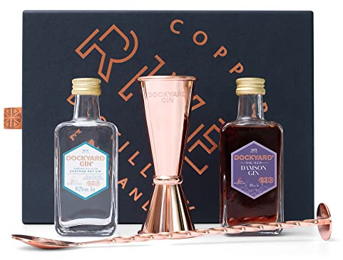 Gin Gift Set - Small Batch Gin, 2x5cl Dockyard Gin, Damson Gin, Copper Jigger & Stirrer, Premium Kent Gin, Local Grain, Flavoured Gin Cocktail Set, Christmas Gin Gifts by Copper Rivet Distillery