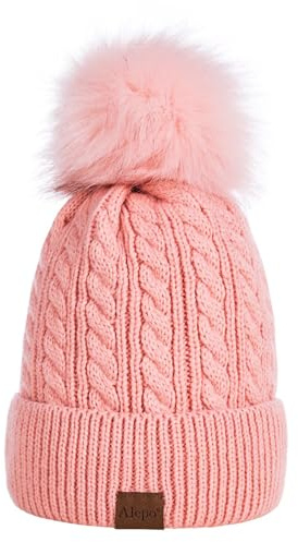 Alepo Damen Winter Mütze Mit Bommel - Warme Beanie Mit Fleece Gefütterte Weiche Skimanschettenmütze (Rosa)