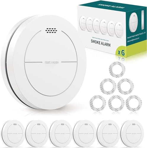 Rauchmelder 6er Set, ohne Blinkende LED, mit 10 Jahre Batterie, mit Klebepads, Mute Funktion, 85 dB Alarmton, Standalone Flacher Brandmelder für den Brandschutz zu Hause.