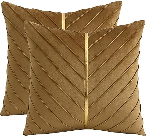 Tosleo 2 Stück Samt-Kissenbezüge 45x45cm Dekorative Couch Luxuriös Moderne Kissenbezüge für Wohnzimmer Schlafzimmer Sofakissen Bett mit Goldfarbenem Leder | Weiche, solide Kissenbezüge, moderne Luxus-Heimdekoration, für Couch, Stuhl, Sofa, Schlafzimmer, Wohnzimmer