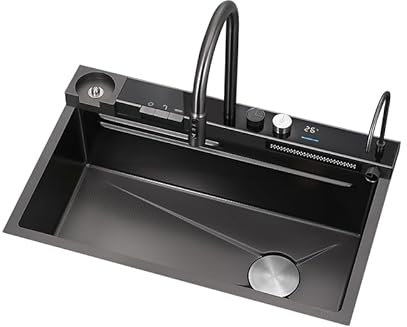 Lavello da Cucina Cucinotto Lavabo Sottopiano a Cascata in Acciaio Inossidabile 304, Stazione di Lavoro a Vasca Singola con Display Digitale Multifunzione, Rubinetto di Scarico della Pioggia