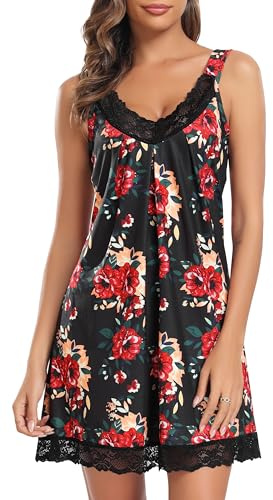 Lovasy Camicia da Notte Donna Cotone Sexy Sottoveste Spalline Larghe Colletto Babydoll Vestaglia e Biancheria Pigiama da Notte Nero-Fiore M
