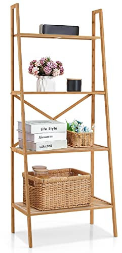 COSTWAY Leiterregal Bambus, 4 Ebenen Bücherregal, Standregal Natur, für Heimbüro und Wohnzimmer, 60 x 35,5 x 148 cm