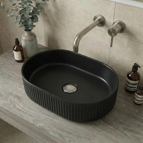 BAYSTONE® Fluted Countertop Basin for Bathroom and Cloakroom Hand Wash Basins Sink Modern Matt Black Oval, 573 x 358mm