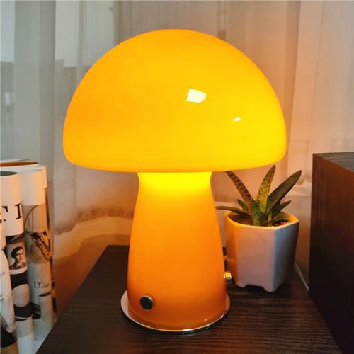 Pilz Tischleuchte Orange Pilz Lampe Touch Glas Tischlampe Wohnzimmer Deko Lampe 3 Modi Beleuchtung Orange Mushroom Lampe Nachttischlampe mit Kabel Modern Tisch LED Lampe Nachtlicht für Schlafzimmer