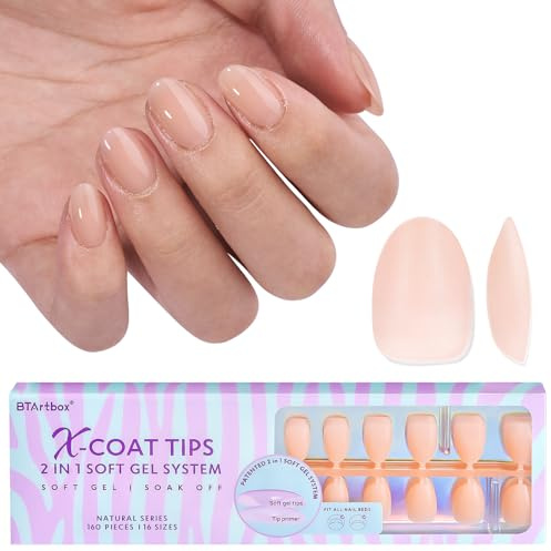 BTArtbox 160pcs Almond Plastic False Nails, Extra Short with Primer Cover, Jelly XCOATTIPS, 16 Sizes, Full Well Tips, Pressure Comfortable Wear, Last 28+ Days, Ideal Gift