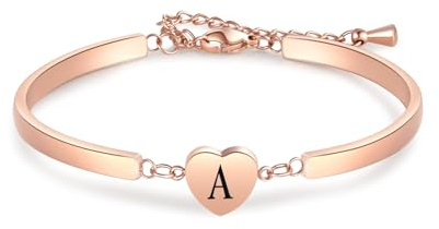 LSxAB Rose Gold Heart A-Z Letter Bracelets for Women Girls Initial Bangle Bracelet Stainless Steel Personalized Name Jewellery Birthday Gifts