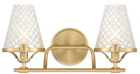 Savoy House 8-3596-2-322 Candler Vintage Mid-Century Modern Clear Glass Bathroom Vanity Light, 2-Light 120 Total Watts, 9 H x 17 W, Warm Brass