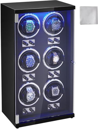 VEVOR Remontoir Montre Automatique Capacité 6 Montres Écrin pour Montres Automatiques avec 6 Moteurs Japonais Mabuchi Silencieux 5 Modes de Remontage en Panneau Haute Densité et Acrylique LED Bleu
