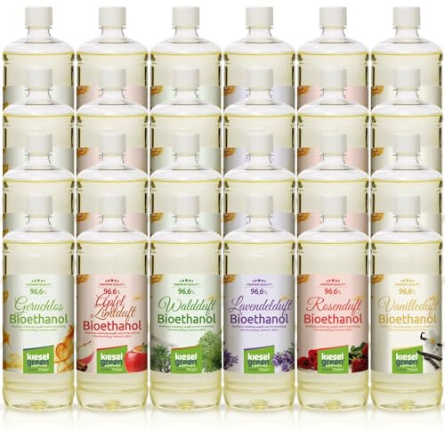 KieselGreen bioetanol luktfri 24 x 1 liter set för etanolkamin – premium ekologisk etanol öppen spis inomhus eller bioetanol bordseld ... (M2)