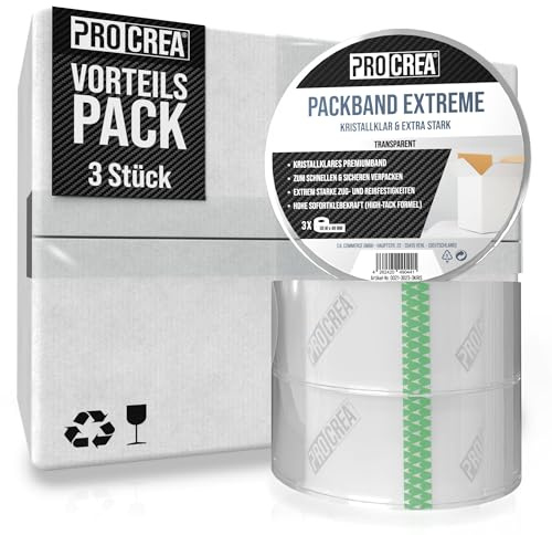 PROCREA® -NEU- 3x Paketklebeband Transparent Set [Premium Qualität - Kristallklar] Extra starkes Packband & Verpackungsband in Profi-Qualität - Universelles Klebeband für Pakete und Kartons