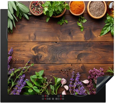KitchenYeah© Herdabdeckplatte Einteilig Abdeckplatten Cerankochfeld | 60x52 cm - Abdeckung Ceranfeld Herdplattenabdeckung Induktionsmatte Lavendel - Blumen - Kräuter - Gewürze - Holzschnitt