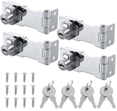 YOUNTHYE 4Set Hasp and Staple Heavy Duty, 3 Inch Keyed Hasp Lock with Padlock, Door Lock Hasps Twist Knob Safety Shed Lock for Cabinets Cupboard Drawer Gate